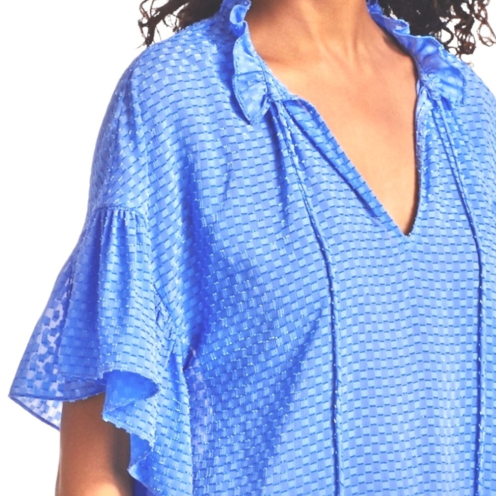 ALICE + OLIVIA Julius Ruffle Peasant Blouse Blue Top Solid Swiss
Dot‎ Ties - Picture 3 of 16
